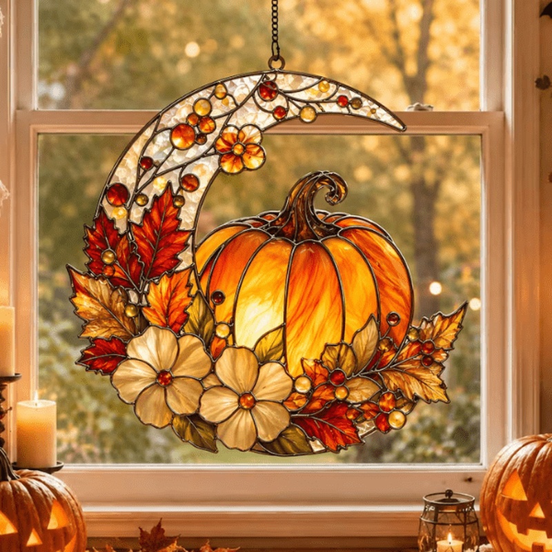 Image of Harvest Pumpkin Halloween Acrylic Sun Catcher, Autumn Maple Leaf Window Hanging Gift, Thanksgiving Rustic Wall Decoration