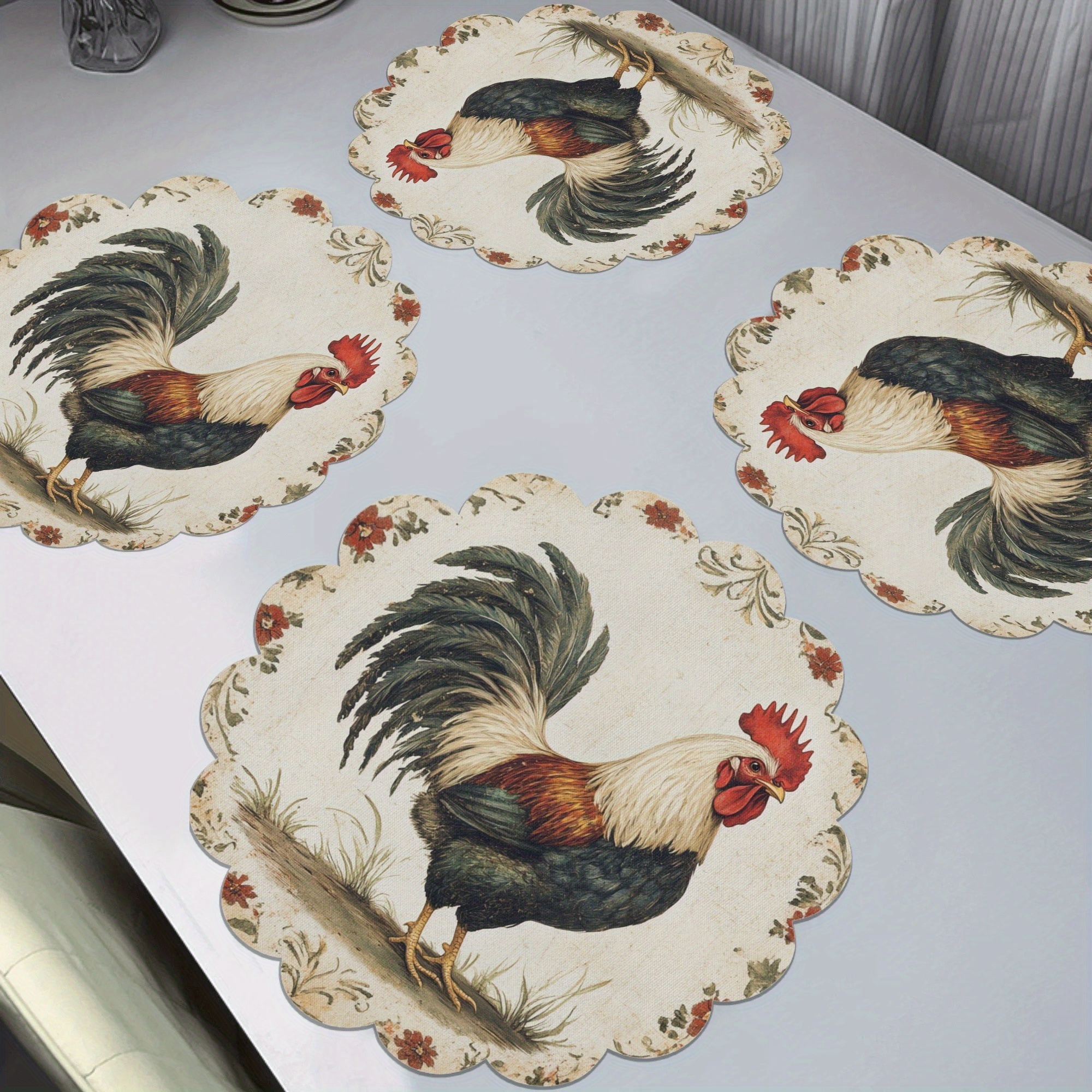 

4pcs Round Rooster Placemats, Woven Polyester Table Mats, Anti-slip, Heat-resistant, , With Hand Wash Only, For Dining Decor, 15x15in