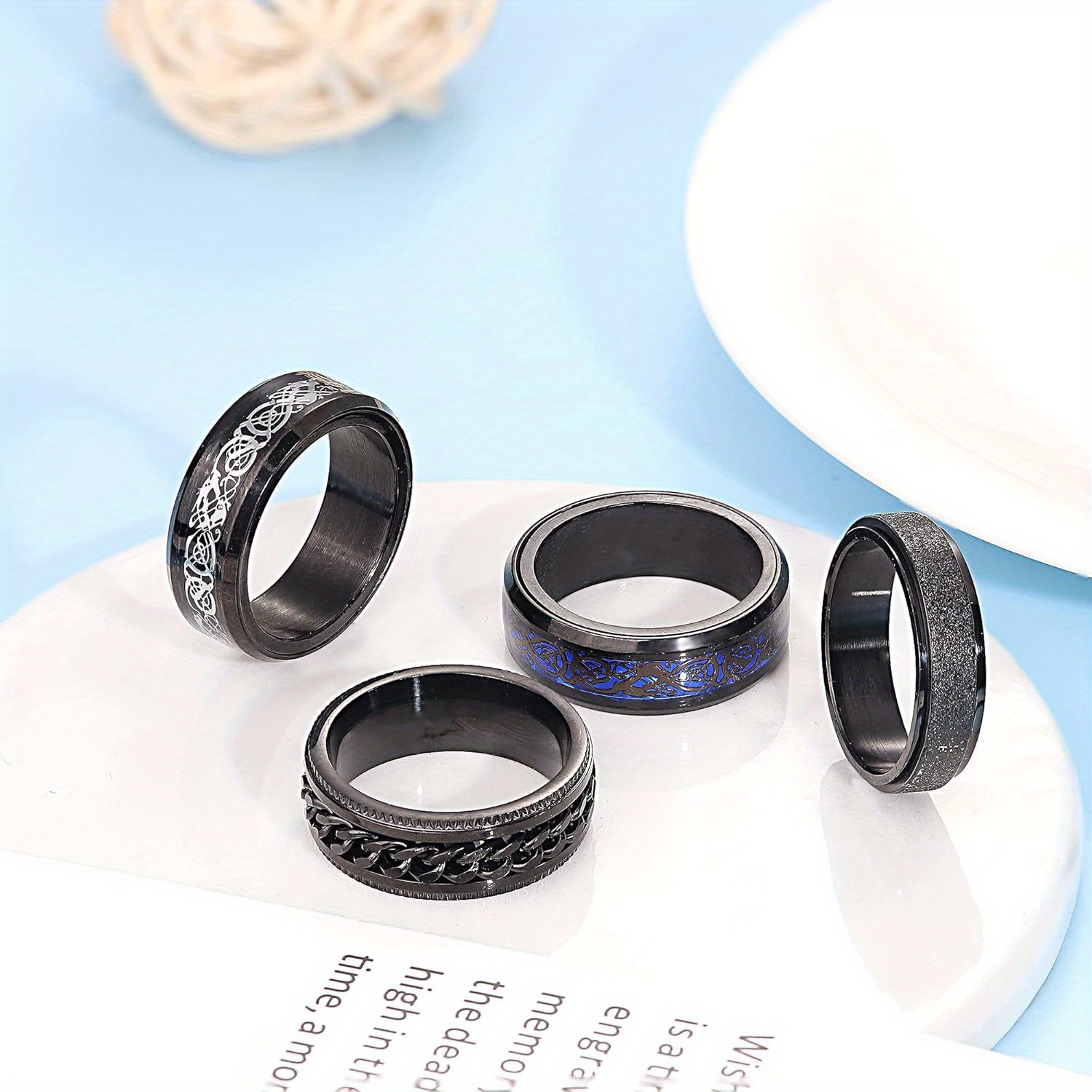 4pcs black spinner rings for men women fidget rings cool mens rings 316l stainless steel stress anxiety relieving rings fashion wide wedding promise band ring set Product details 1