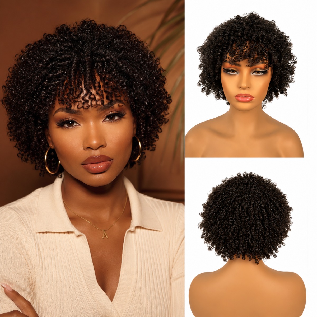 TEMU Perruque Afro Bouclé Court Noir-Marron avec Frange, Perruques Synthétiques Texturées à Petites Boucles , Perruque Dentelle Résistante à la