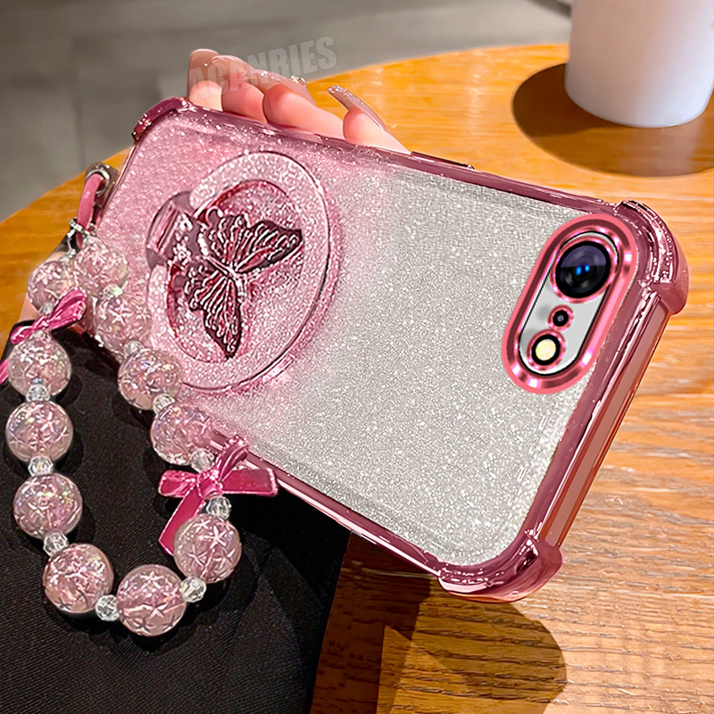 TEMU Phone Case - Luxury Glitter Bracket Folding Holder With Bead Lanyard Wrist Strap Chain And Gradient Plating Phone Case For Iphone 7/ 8/ Se 2020