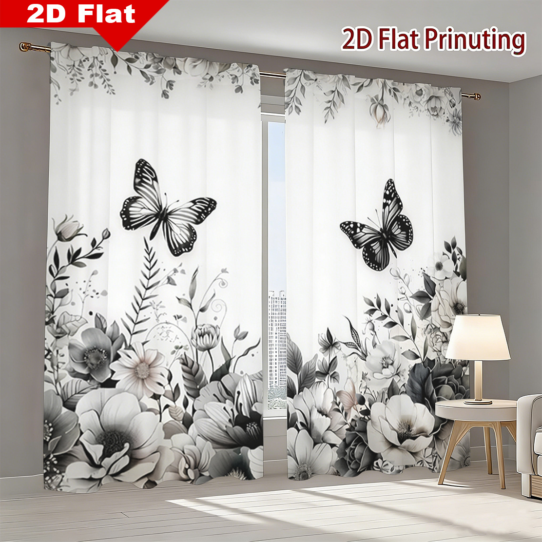 TEMU Plat 2D, 2 pièces de rideaux plats 2D, Rideaux à motif floral Danse de papillons noirs et , Rideaux floraux élégants avec papillons noirs -