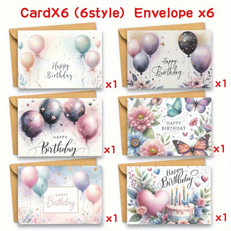 E-shop 12 Stück Aquarell Blumen- und Schmetterlings-Geburtstagskarten mit Umschlägen - Weiche Ballon, Kuchen- und Stern-Designs, geeignet für