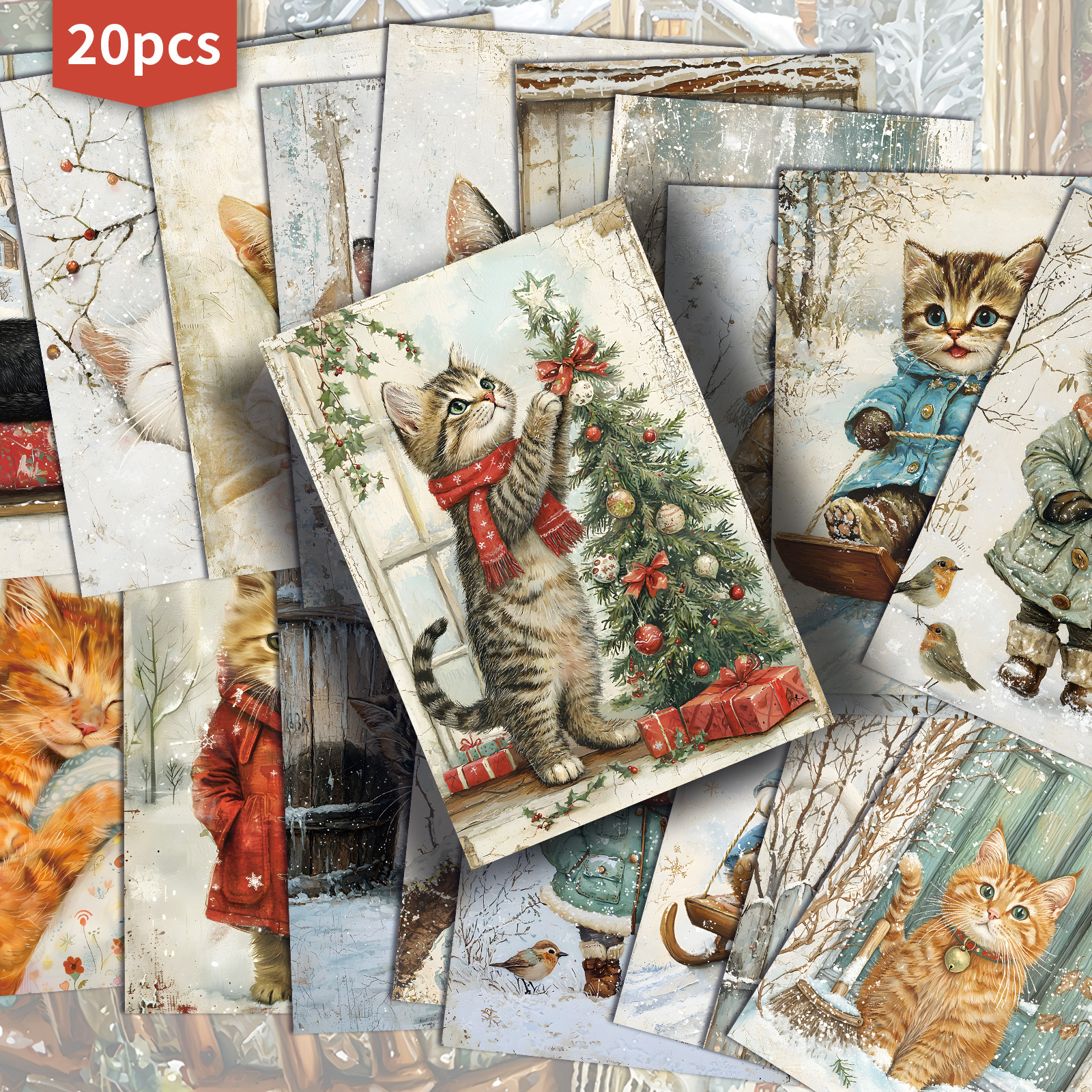 TEMU 20 Pezzi ASSTSS Cartoline Natalizie Invernali - 4x6 Pollici Collezionabili di British Shorthair e Kitten Tabby in Scene Nevose, Adesivi per Junk