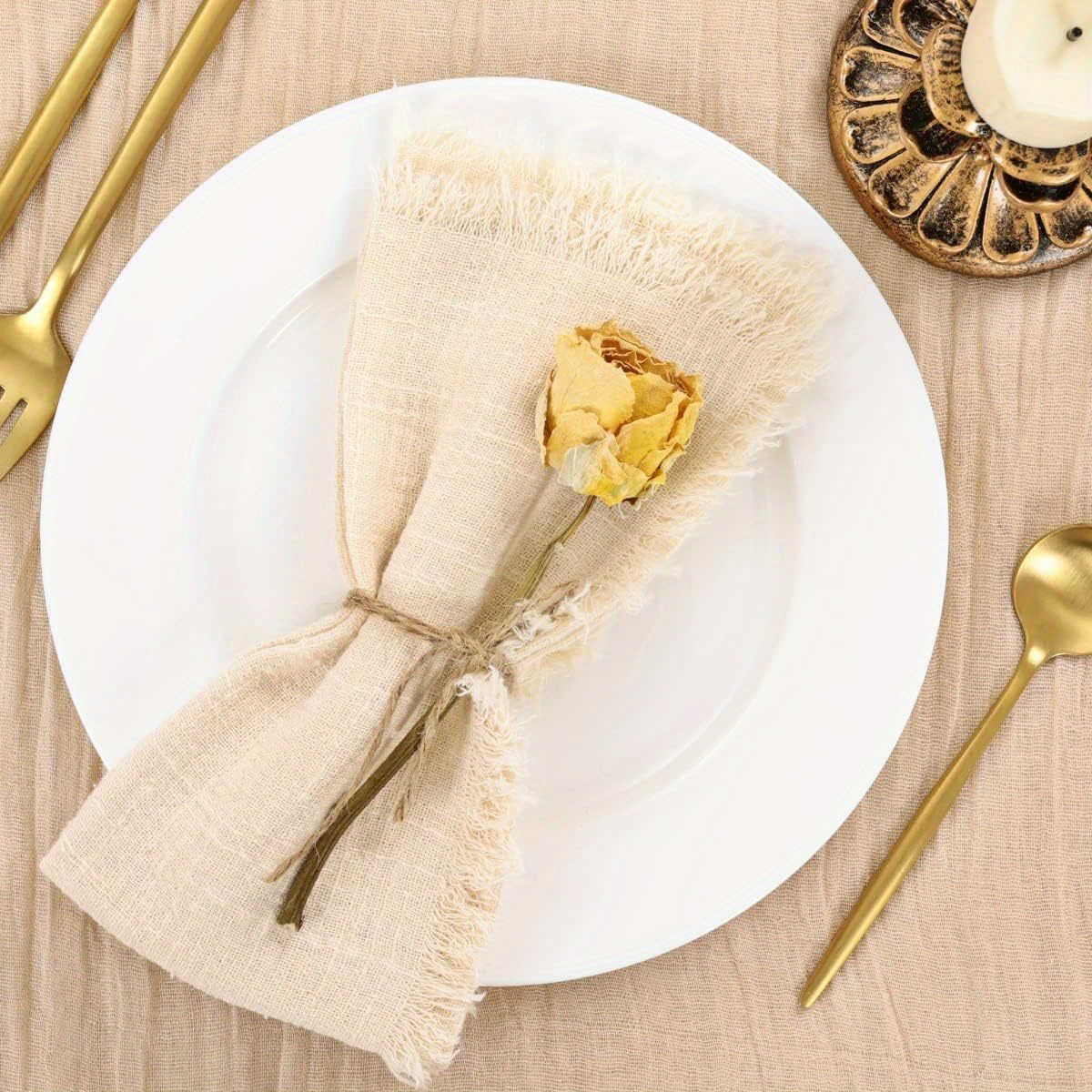 Image of Cloth Napkins Set Of 12, 100% Cotton Napkins, With Fringe, Beige Cotton Cloth Napkins With Fringe, Delicate Napkins Cloth Washable, For Dinner, Wedding And Parties