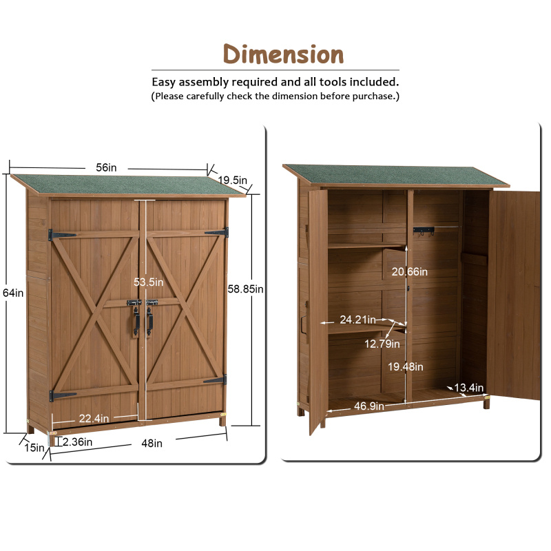 14.79gal x 19, 5W x 64H Outdoor Storage Shed with Lockable Door Wooden Tool Storage Shed w Detachable Shelves Pitch Roof Yellow Brown