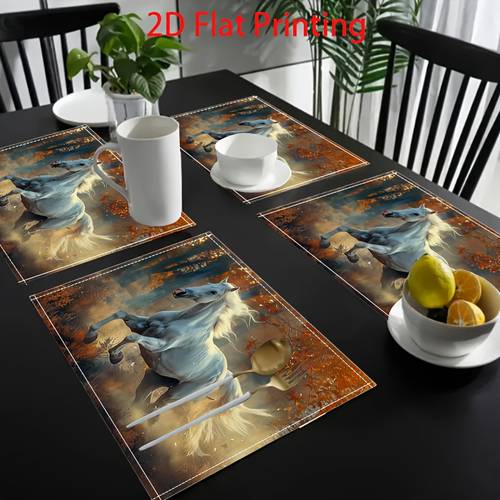 2 4 6pcs placemats 2d flat placemat scene with white horse and forest leaves seasonal kitchen dining room decoration dining room placemats add festive atmosphere 2d flat