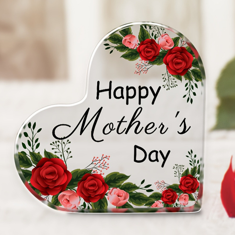 TEMU 2d Flat, 1pc 2d Heart-shaped Acrylic Plaque, Printed With "happy " Text And Decorated With Red- And Green Leaves, Conveying , Suitable For