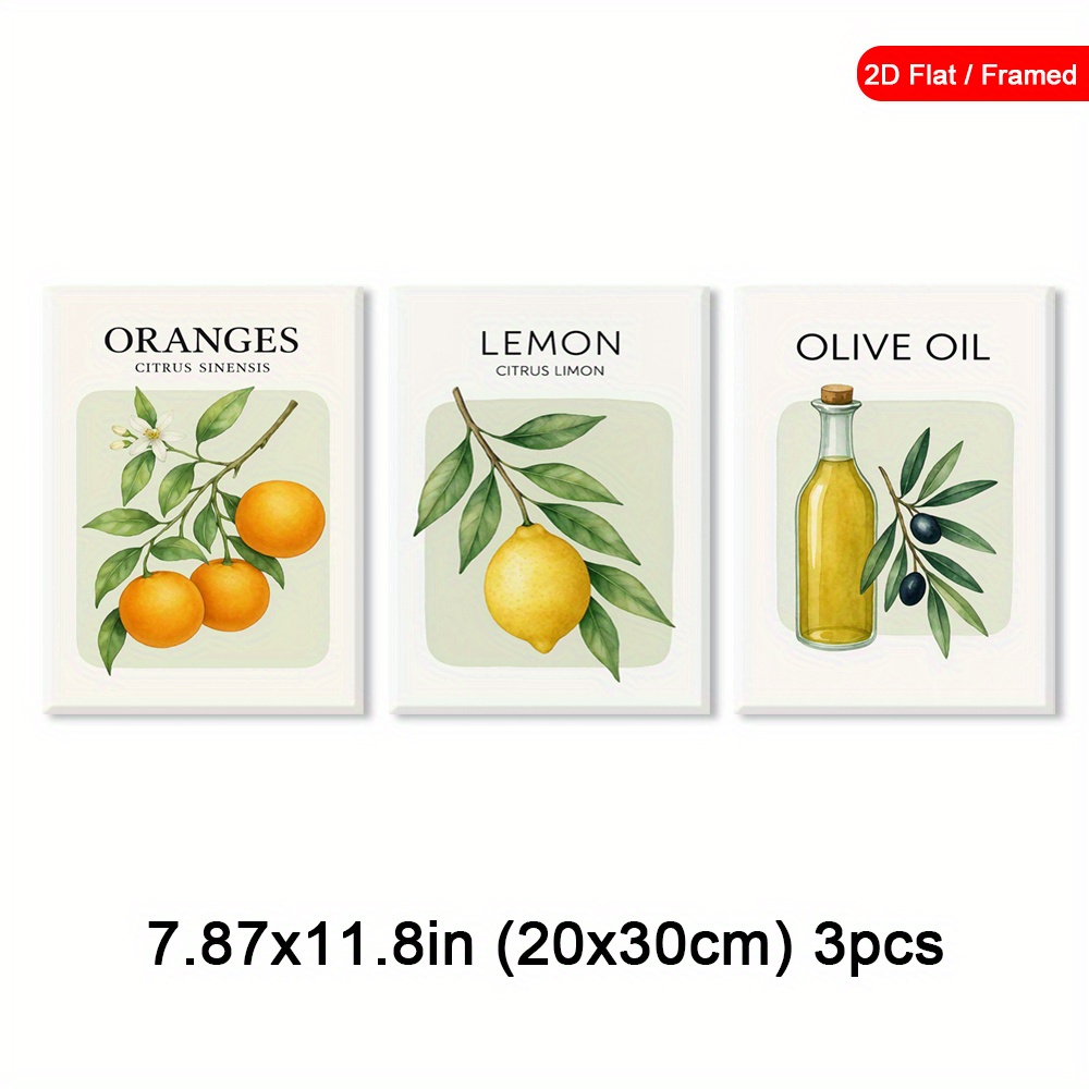 TEMU 3pièces Framed Lemon Wall Art, Oranges Canvas Print, Poster d'huile d'olive, Impression d'art , Arts murales de cuisine, Œuvre d'art de fruits à