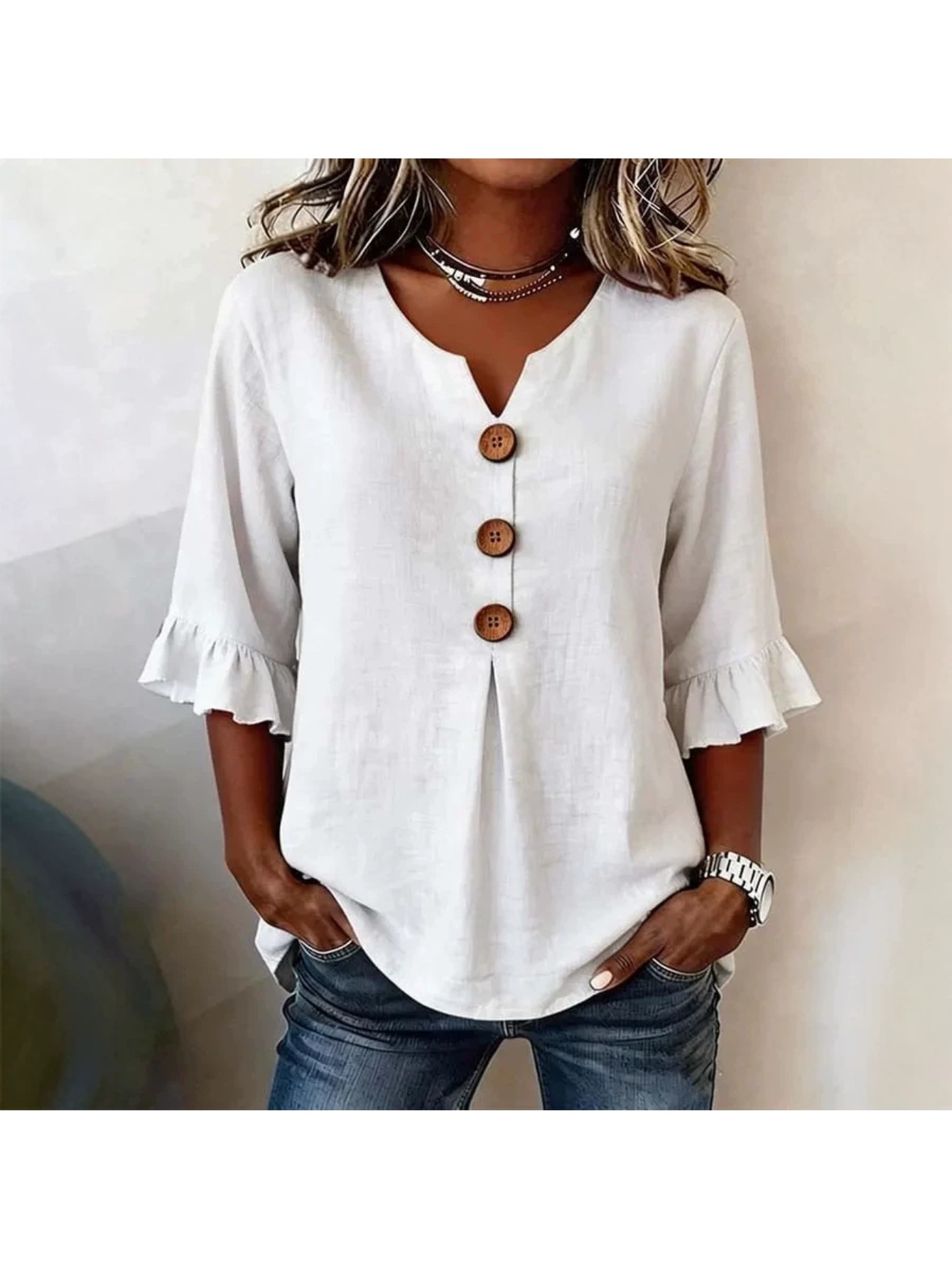 womens casual notch v neck blouse 3 4 cuff sleeve tunic tops with decorative buttons loose relaxed fit daily wear shirts fashion curved hem for spring summer