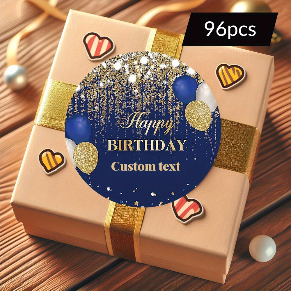 TEMU Adesivi Personalizzati "Compleanno" 48/96pz, Personalizzabili con , Data, ecc. Sfondo Blu Glitter a Palloncini, Ideali per Feste , Decorazioni