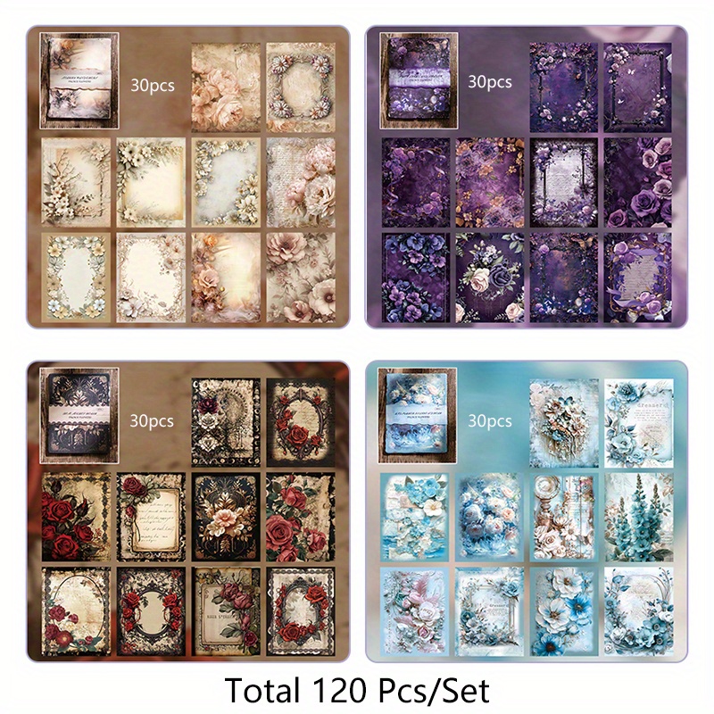 E-shop 120 Stück Vintage Blumen-Serie Material Papier -Papier, Dekoratives Papier Set für Journaling und DIY-Bastelprojekte (30 Bögen/Packung, 4