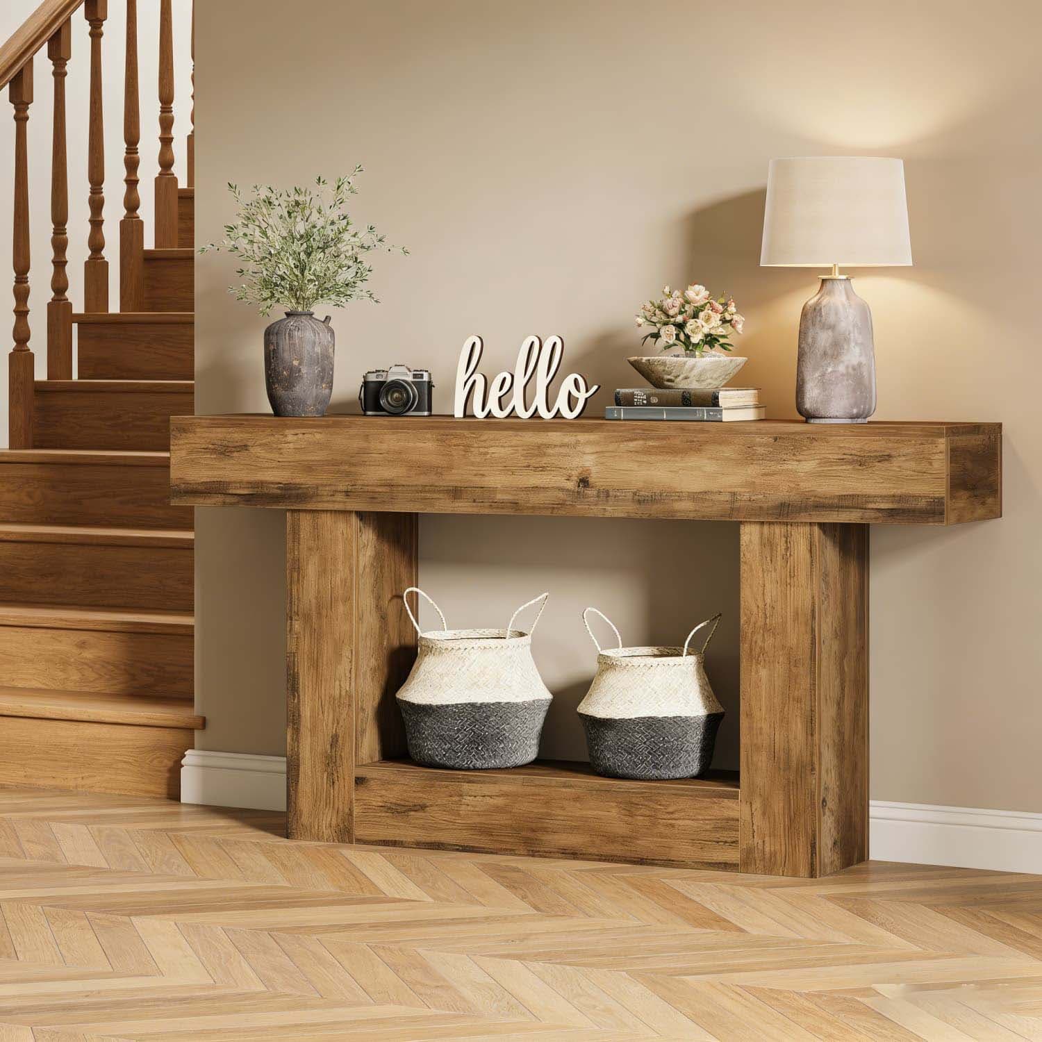 2-tier Console Table, 160cm Long Farmhouse Wood Sofa Table, Behind Couch Table With Storage Space, Living Room Entrance Table