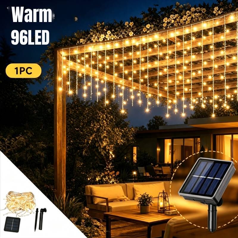 TEMU Solar Outdoor Icicle Lights-228/162/96 Leds, Ip44 Rating, 8 , Curtain-style Fairy Lights, Solar-powered Automatic Outdoor Lights With Memory
