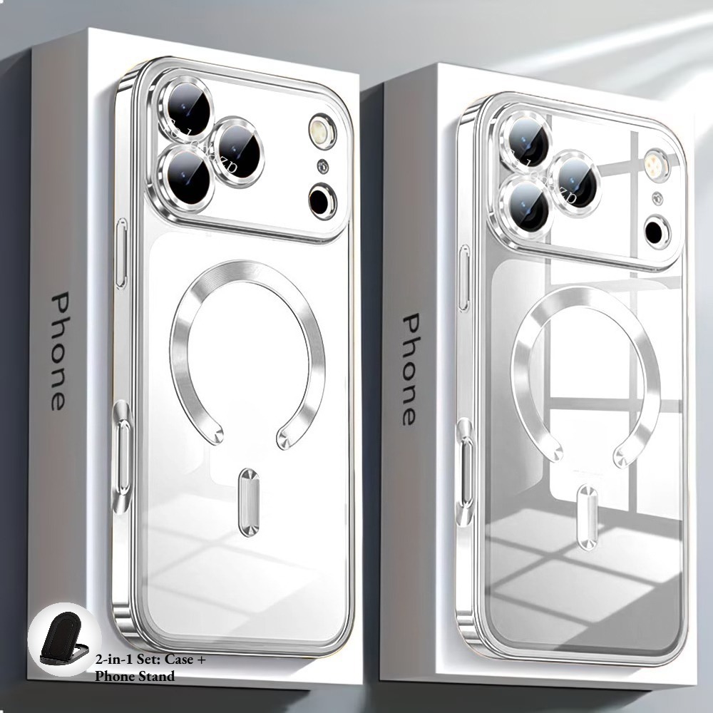 TEMU Phone Case - 2-in-1 Set: Case And Phone Stand Luxury Electroplated Transparent Magnetic Wireless Charging Phone Case, Compatible With Iphone 17