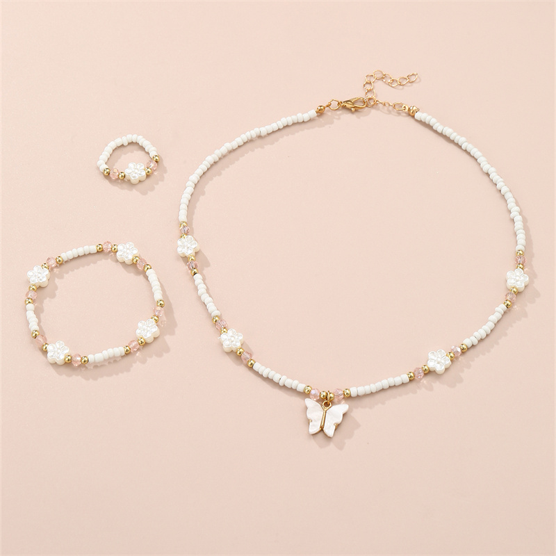 3pcs Set Floral Beaded Necklace, Bracelet, And Ring For Girls With Pendant Jewelry