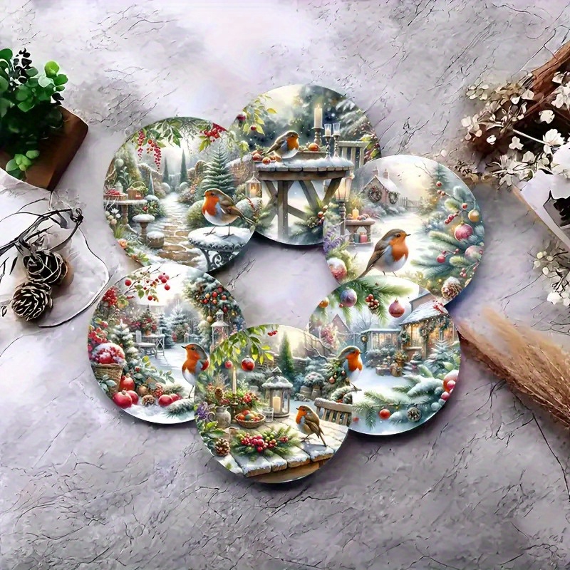 TEMU Set Of 6 Winter-themed Wooden Coasters - Round, Heat-resistant And Non-slip Drink Mats, Ideal For Home Decor And Parties - A Perfect Creative
