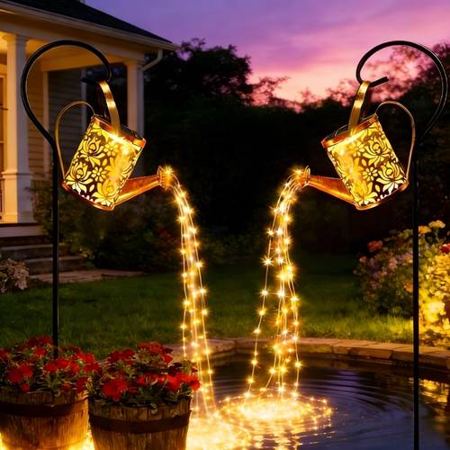 2pcs set outdoor solar metal watering can lights 4pcs set 2 warm watering cans 2 shepherds hooks watering can lights fairy lights watering lights watering can lights spray bottle lights waterfall lights