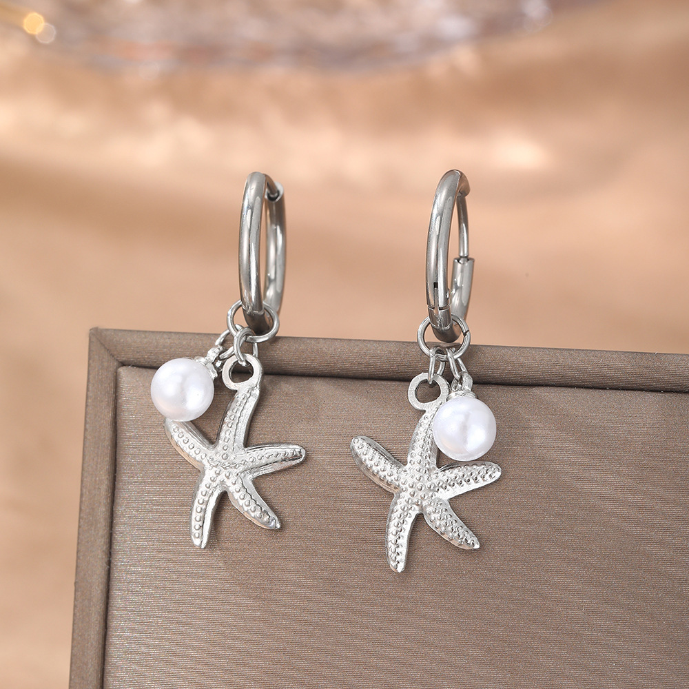 Image of 1 Pair Stainless Steel Easy Pearl Starfish Pendant Earrings, Beach Style, Ocean Breeze, Niche High-end Ins, Women's Fashion Pendant Earrings, Geometric Tassel Earrings Star Earrings Ear Clips