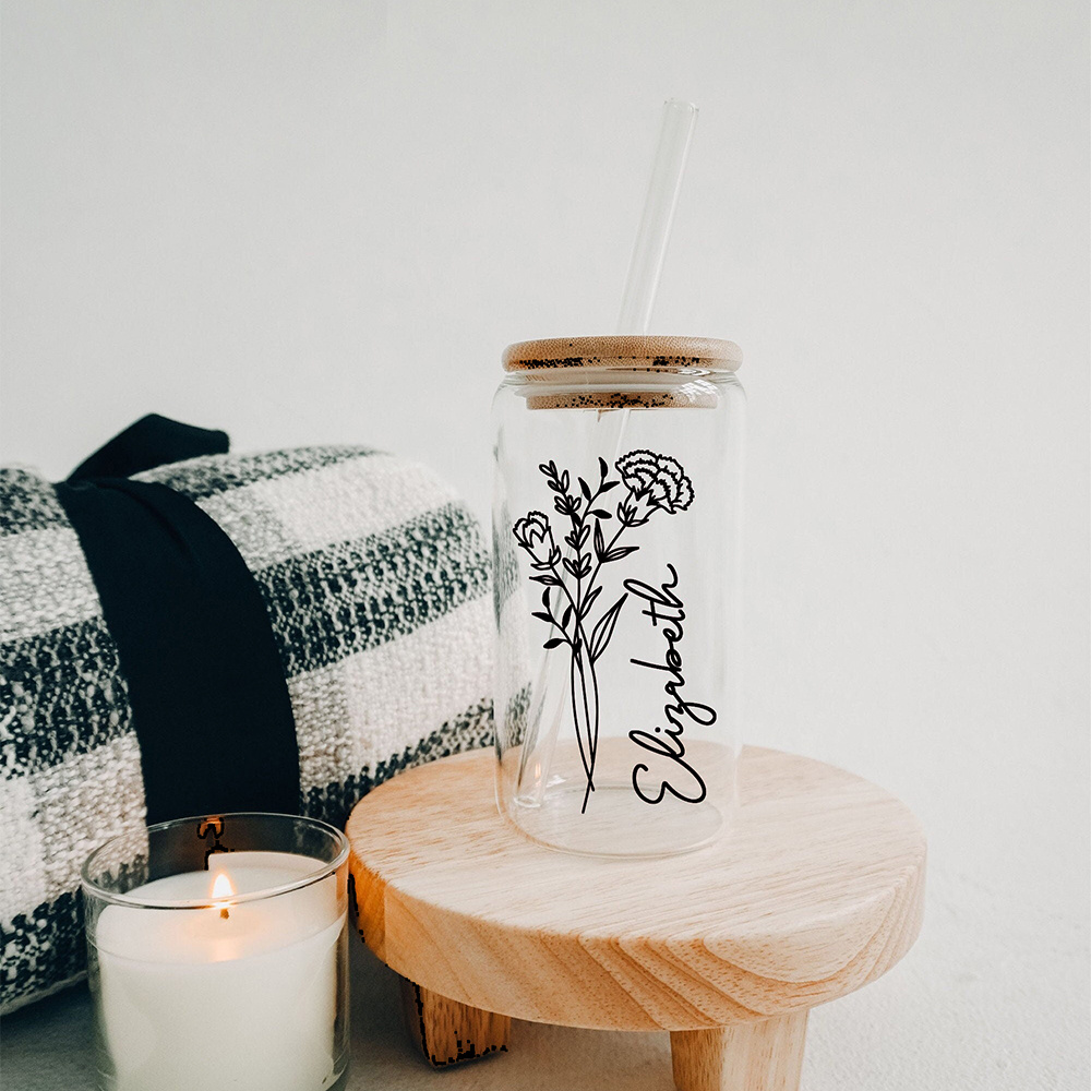 

1pc 16oz Personalized Glass Iced Coffee Cup With Lid And Straw, Customized Name & Month , Bamboo Lid, Ideal Birthday & Women's Gift, Glassware With Pattern