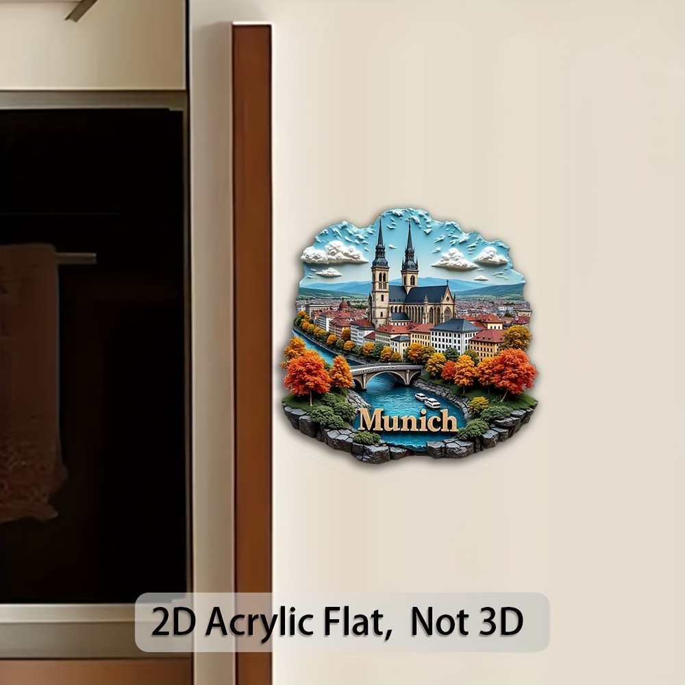 TEMU Decorative Plaque And Ornament 1pc 2d Flat Acrylic Fridge Magnet, Exquisite Munich Scenery Decoration, Bright Colors, 2d Flat Design, Cityscape