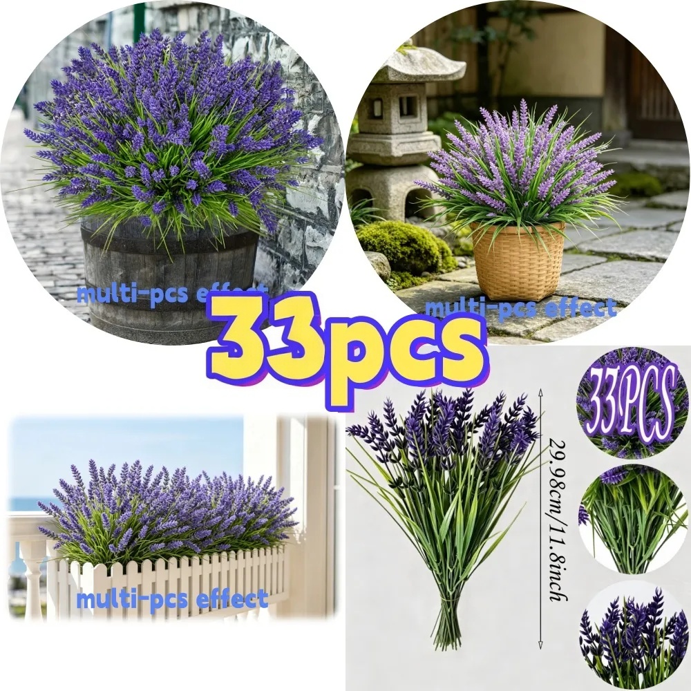 TEMU 33pcs Outdoor Artificial Flowers, Uv-resistant Lavender Simulation Flowers, Outdoor Greenery Shrubs, Suitable For Outdoor Courtyards, Gardens,