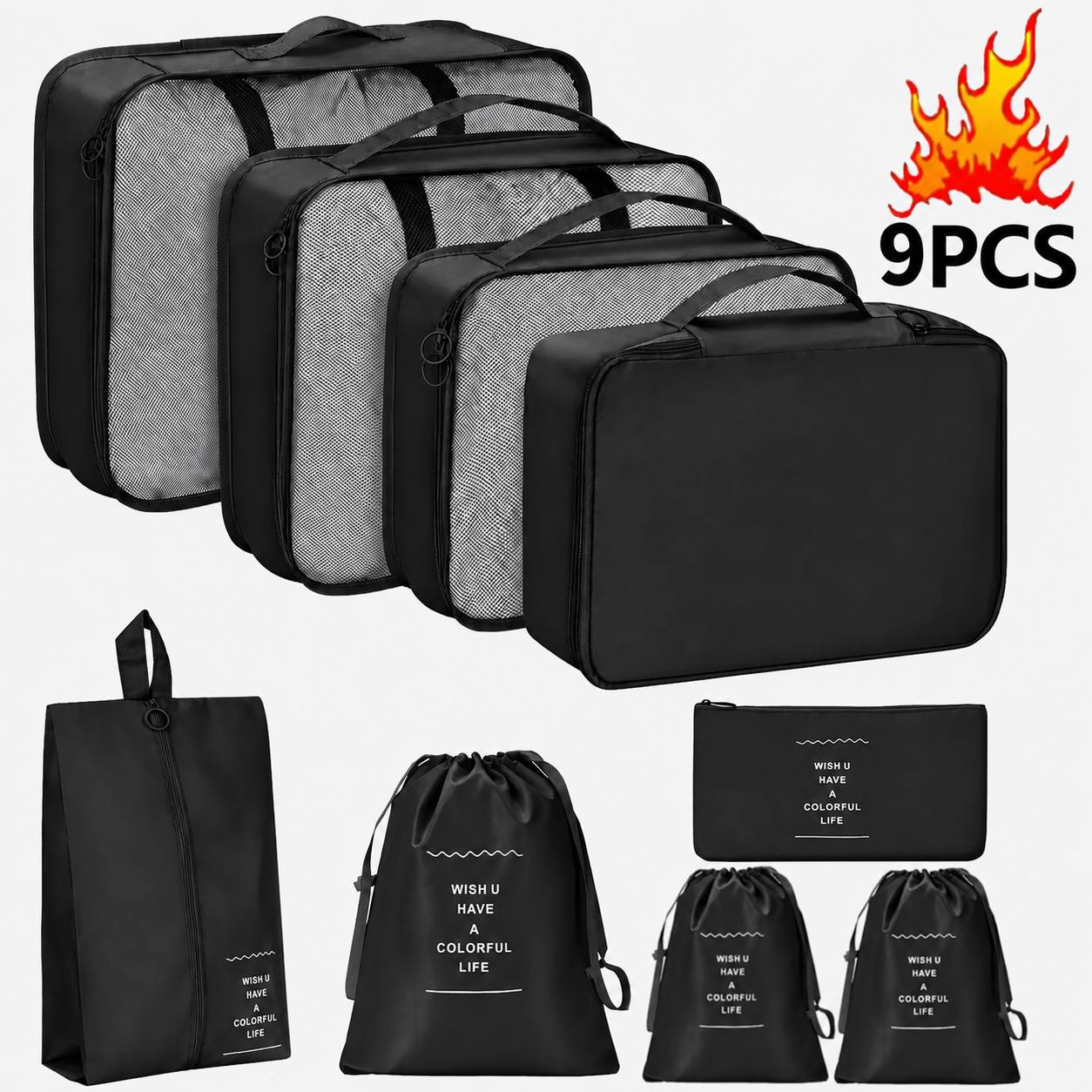 TEMU 9pcs Travel Storage Bag Set, Travel Luggage Sorting Bag, Storage Storage Bag, Used For Storing Clothes, Shoes, Underwear, Luggage Sorting Bag,