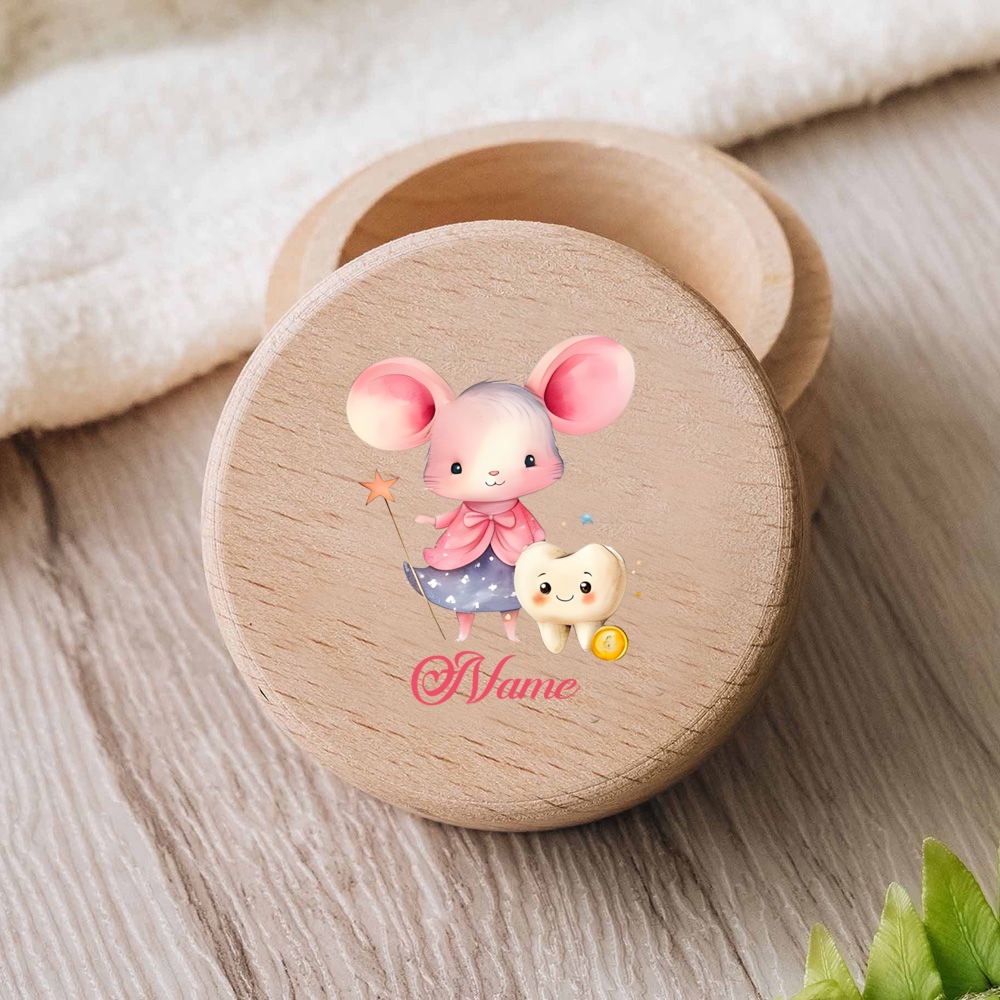 TEMU Boîte à Dents en Bois Personnalisée, Design Imprimé Souris Cartoon, Souvenir de Votre Première Dent, Personnalisable avec Votre Nom, Boîte de