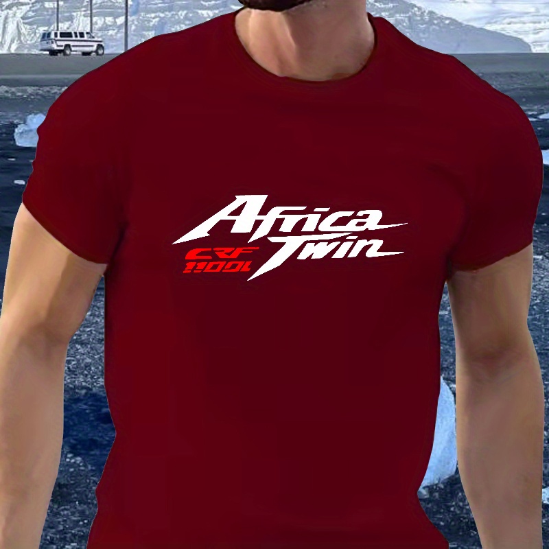 

Men's Casual Crew Neck T-shirt, Africa Twin Graphic, Summer Breathable Knit Fabric, Regular Fit, Polyester, Cartoon Print, Adult Sizes