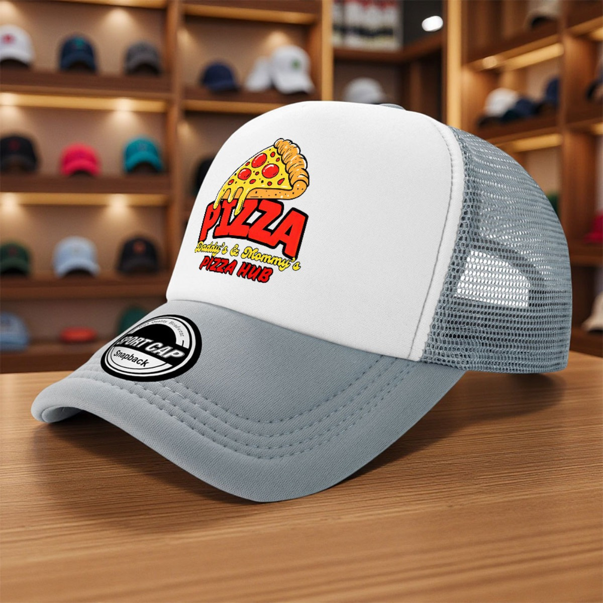 TEMU 1pc Pizza-themed Trucker Hat - Breathable Polyester, Black With White Front Panel, Perfect For Golf, Fishing, And Casual Wear, Casual Headwear |