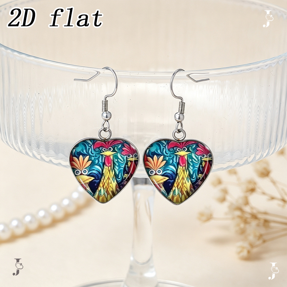 Rooster Pattern Heart-Shaped Earrings with Time Gem Glass Pendants