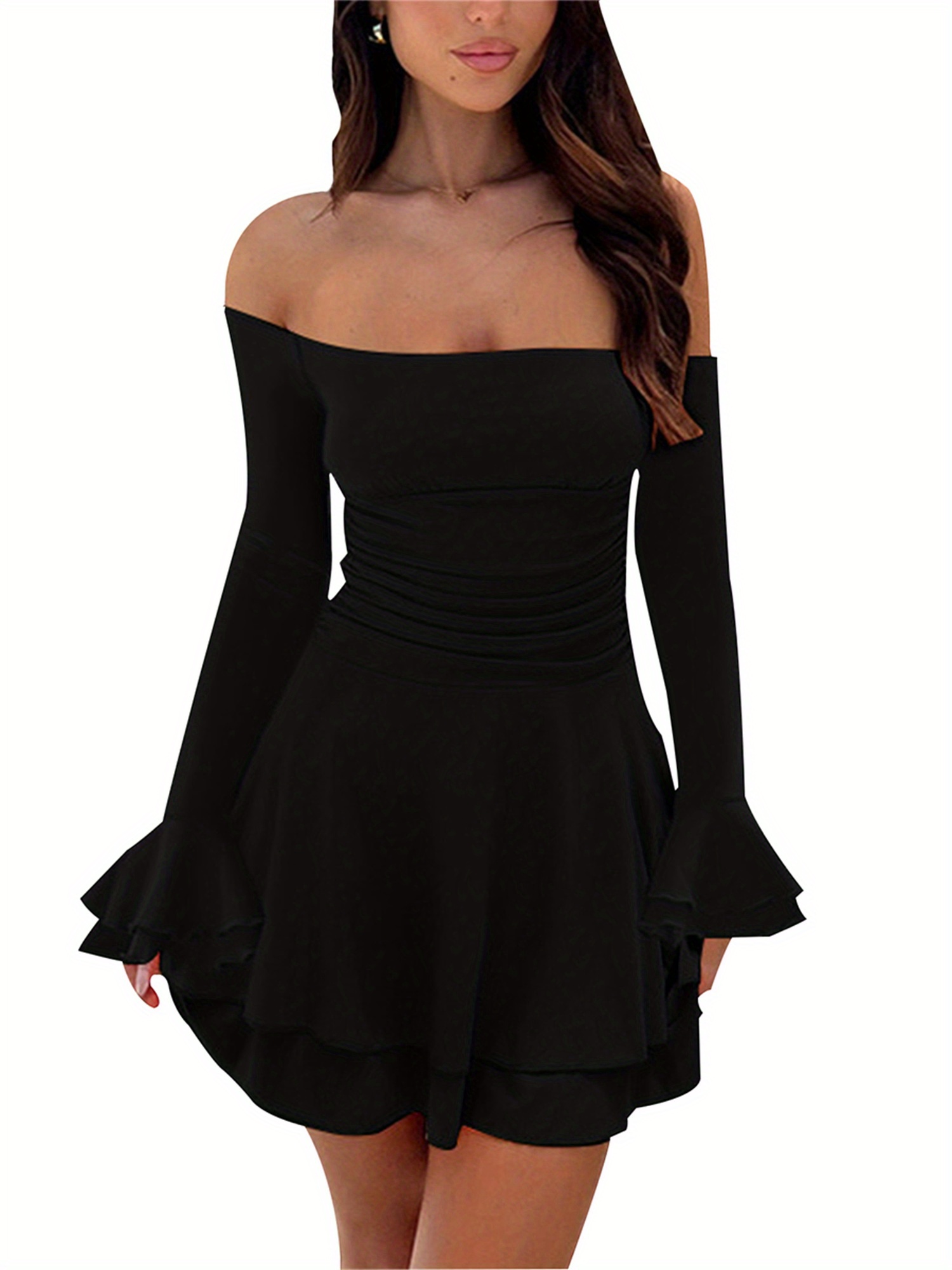 blue dress for baby girl Women Solid Black V-Neck Bishop Sleeves Lace-Up Flared A-Line Mini Dress
