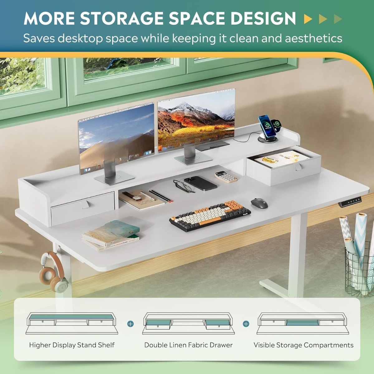 55×28 Inch Electric Standing Desk with Drawers | 3 Adjustable Height, Storage Shelf, Built-in USB Outlet, Memory Preset, Sit to Stand, Contemporary Style, White, Engineered Wood Top, Box Drawers, Floor Mount, by GALAXHERO