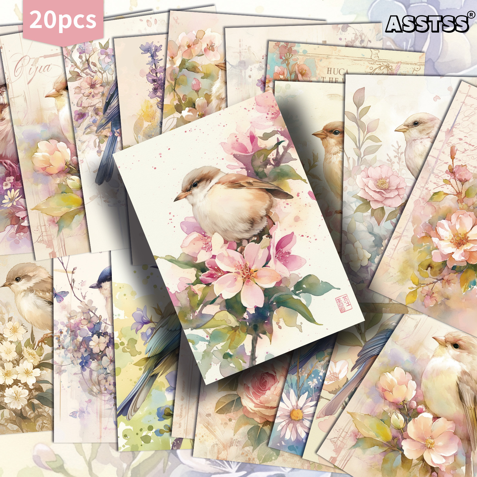 TEMU 20pcs Asstss Vintage Watercolor Wildflowers & Birds Postcards Suitable For Scrapbooking, Junk Journals, Crafting - Retro Pinup Cards With