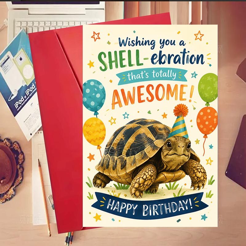 TEMU 1set Adorable Turtle - Themed Birthday Card For Adults, Perfect For Party Wishes And Gifting