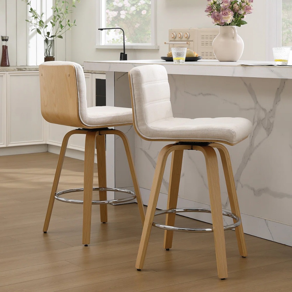 Pair of Contemporary Bar Stools Featuring Backs, Rotating Counter-Height Design, Upholstered Fabric for Kitchen Islands, Sturdy Wooden Legs, Ideal for Home Kitchens And Pubs