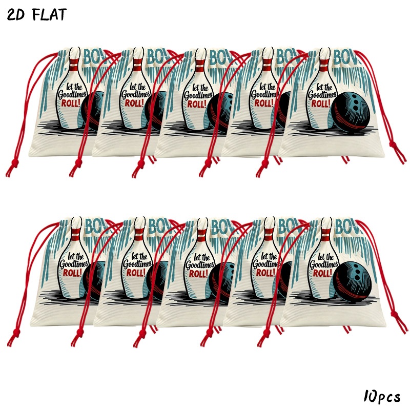 TEMU Retro Bowling-themed 2d Printed Drawstring Gift Bags, 10pcs Reusable Polyester Storage Bags, Suitable For Snacks, Jewelry Storage, And Gift