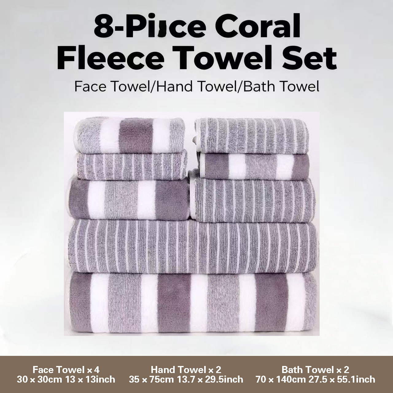 8pcs coral fleece set towels washcloths bath towels fast drying striped adult face towels for bathrooms
