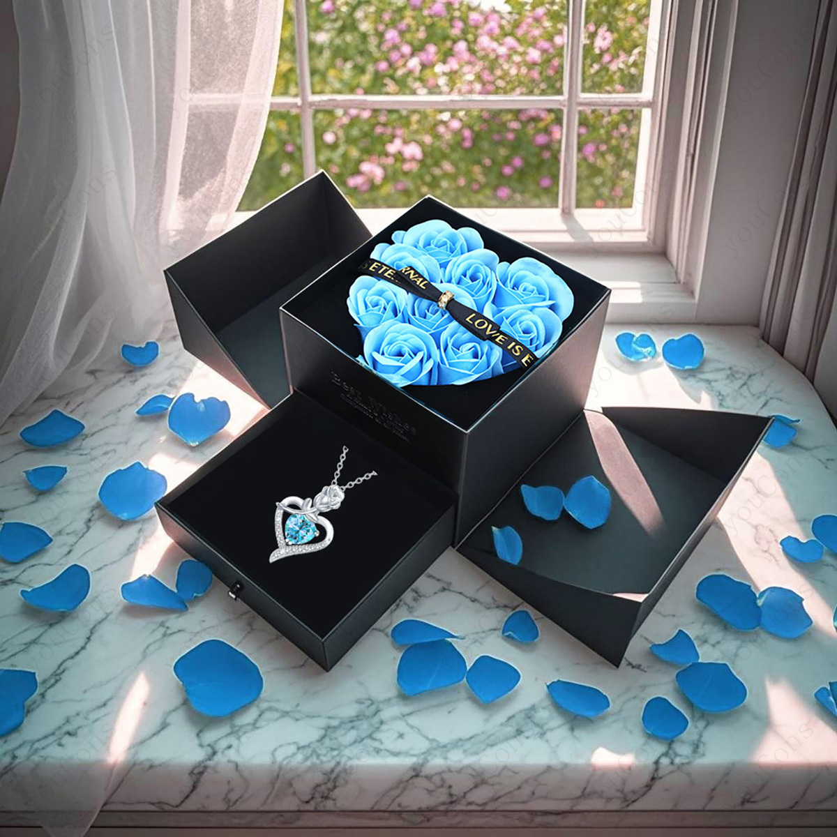 Women's Light Blue Lucky Stone Heart Pendant Necklace Gift Set