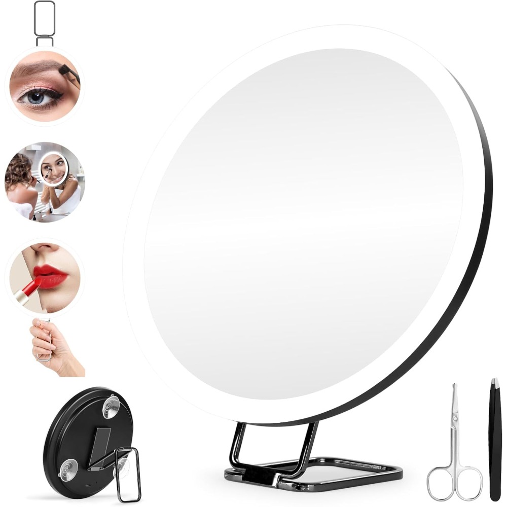 30x Travel Magnifying Makeup Mirror 3 Suction Cups 360° Rotatable Base With Tweezers Scissors For Eyebrow Grooming Nail Art