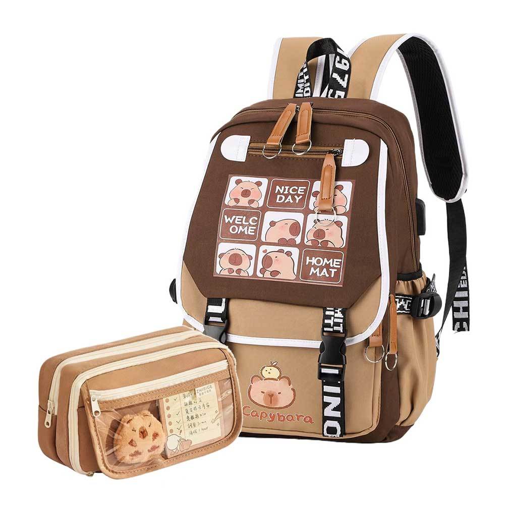 

Cartoon Capybara Backpack With Pencil Case, Cute Kawaii Large Capacity Aesthetic Rucksack, Nylon Material, Zipper Closure, Polyester ,