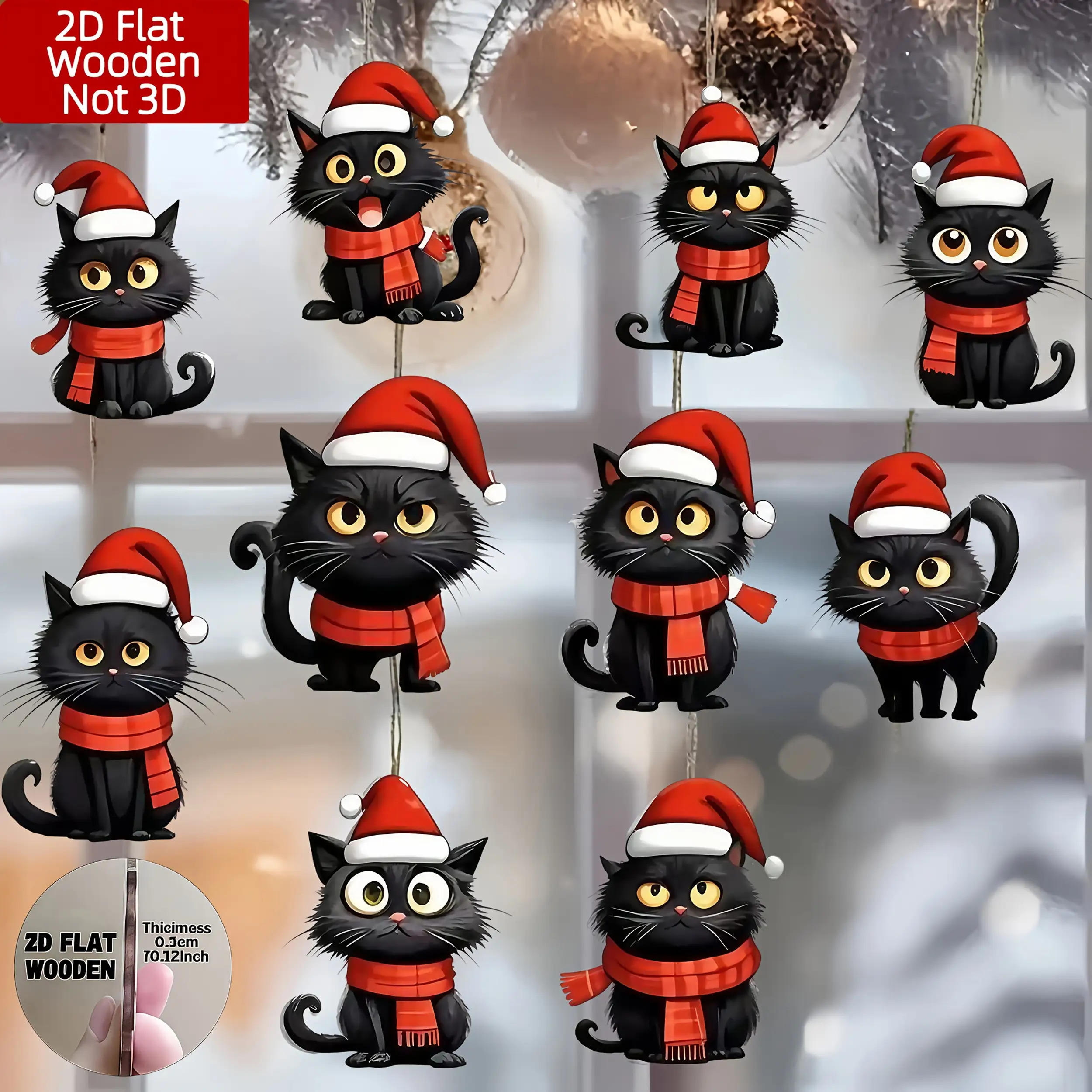 2d Flat- 10pcs Travel Cat Wooden Ornaments, Hang On Christmas Tree As Christmas Decorations, Santa Claus Ornaments,…: retailer-supplied image