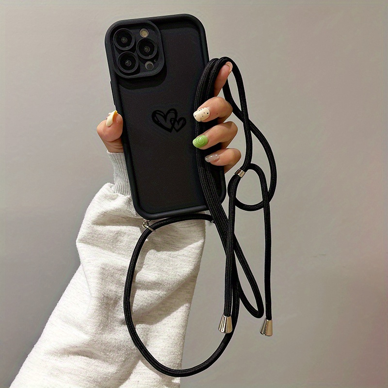 TEMU Phone Case - 2025 Complete Set Shock-resistant Black Lanyard Silicone Phone Cover For Iphone 16 15 14 13 12 11 Pro Max Xs Xr 7 8 Se2 Se3 Fj1