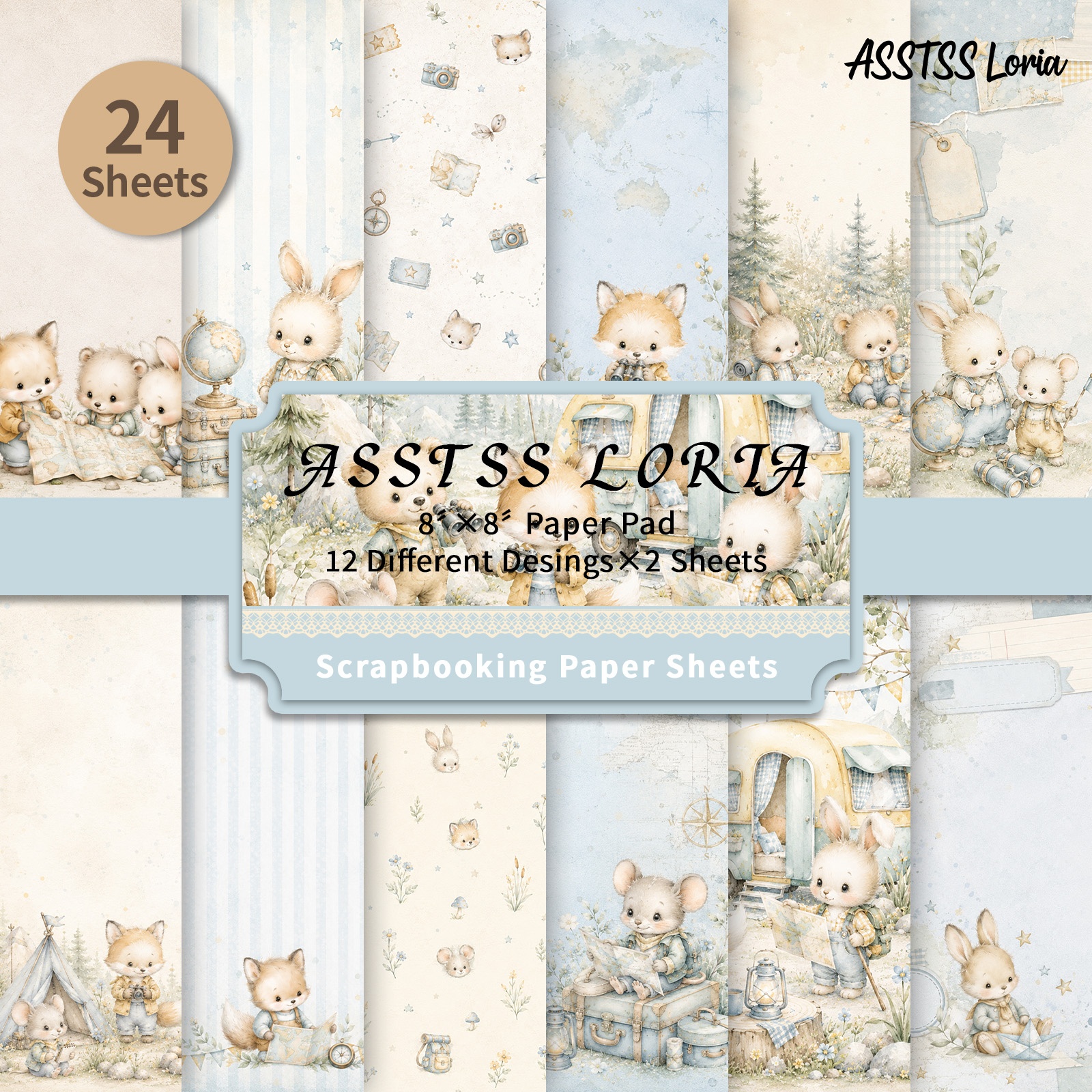 TEMU Bloc de papier pour scrapbooking ASSTSS Loria 24 feuilles 8*8 pouces, fournitures de papier de support d'animaux, papier cartonné épais pour
