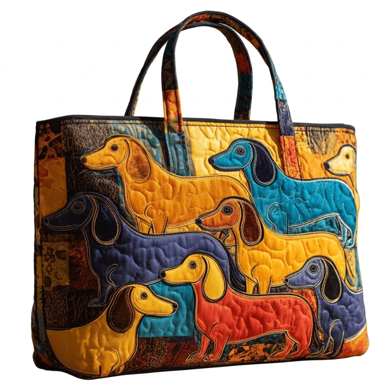 item picture Vibrant Color Dachshund Dogs Patchwork Textured Quilt Print Large Capacity Shoulder Handbag, 1pc Reusable Lightweight Carry Bag for Men Women, Dog & Whimsical Animal Art Lovers, Suitable for Travel Grocery, Open in new tab.