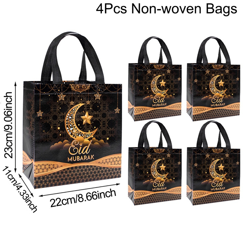 E-shop 4/8 Stk. Tragetaschen mit Griffen, Schwarz-Goldenes Stern & Mond Muster Ramadan Kareem Wiederverwendbare Geschenktasche aus Vliesstoff, für