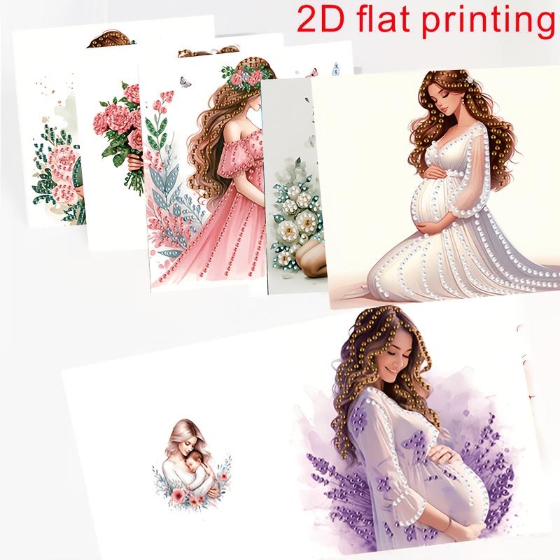 TEMU 6 stuks 2D Platte Diamant Schilderij Wenskaart Kit, Zwangere Vrouwen Thema Handgemaakte Glanzende Diamant Kunstkaarten met Enveloppen, Geschikt