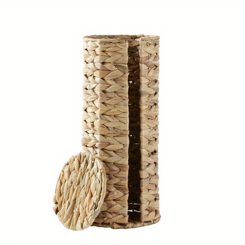 elegant beige woven tissue holder with lid natural hyacinth design round bathroom organizer for toilet paper stylish and functional home decor toilet paper holder Product details 2