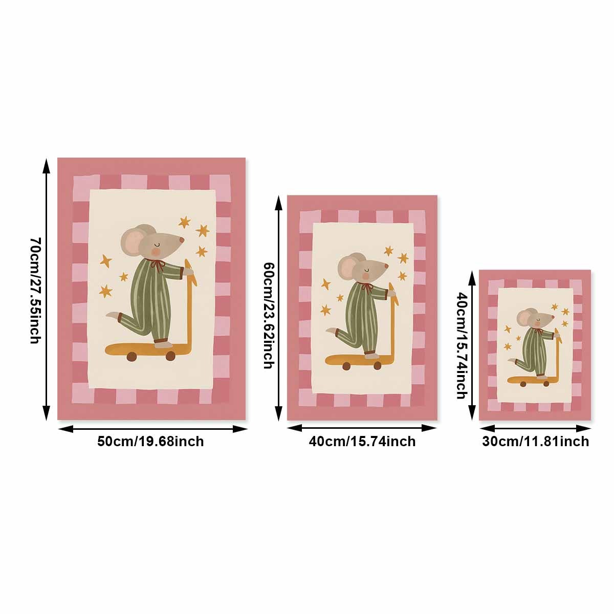 E-shop 1 Stück Vertikales rahmenloses Leinwandposter - Niedliche Schlafenszeit-Kunst: Maus im Schlafanzug auf Roller mit Sternen, Moderne Wandmalerei
