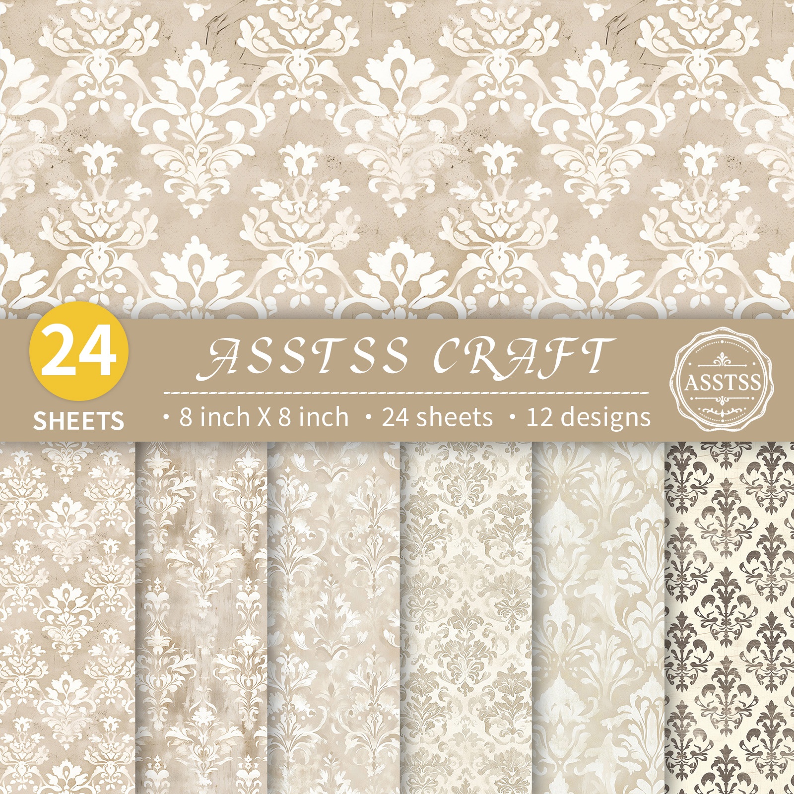 TEMU 24-sheet Asstss Heavyweight Scrapbooking Paper Pad Suitable For Journaling, Collage Art & Crafts - Vintage European Damask & Beige Suitable For